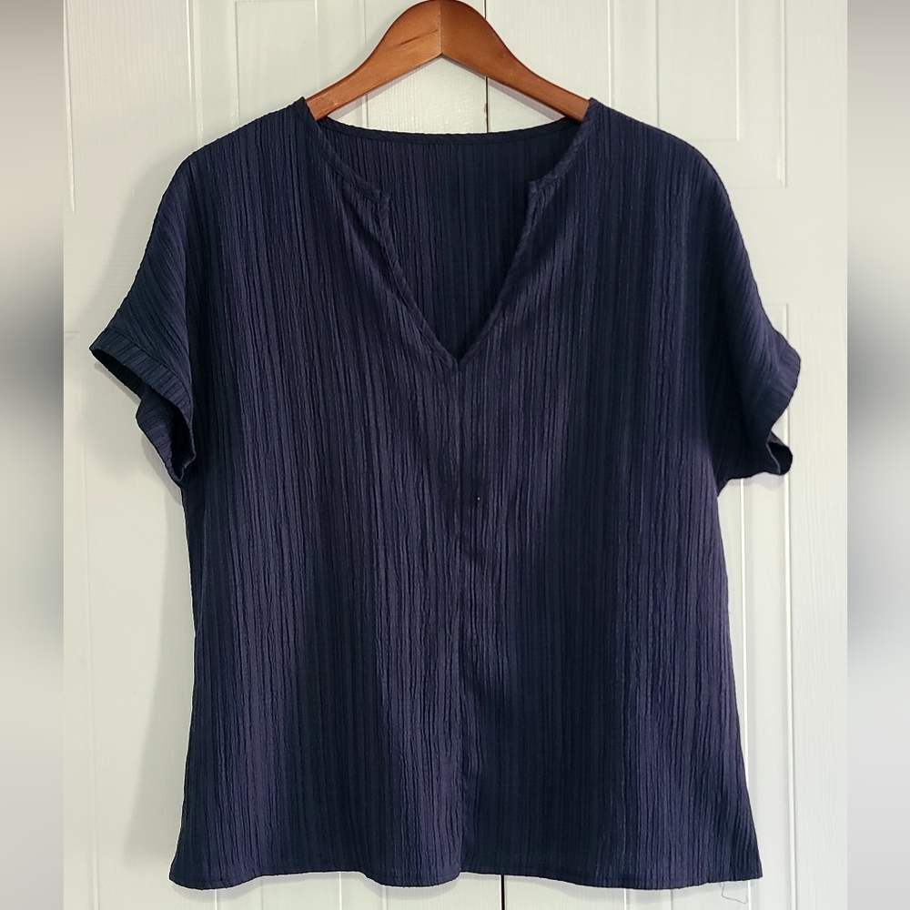 Navy V-Neck Short Sleeve Blouse